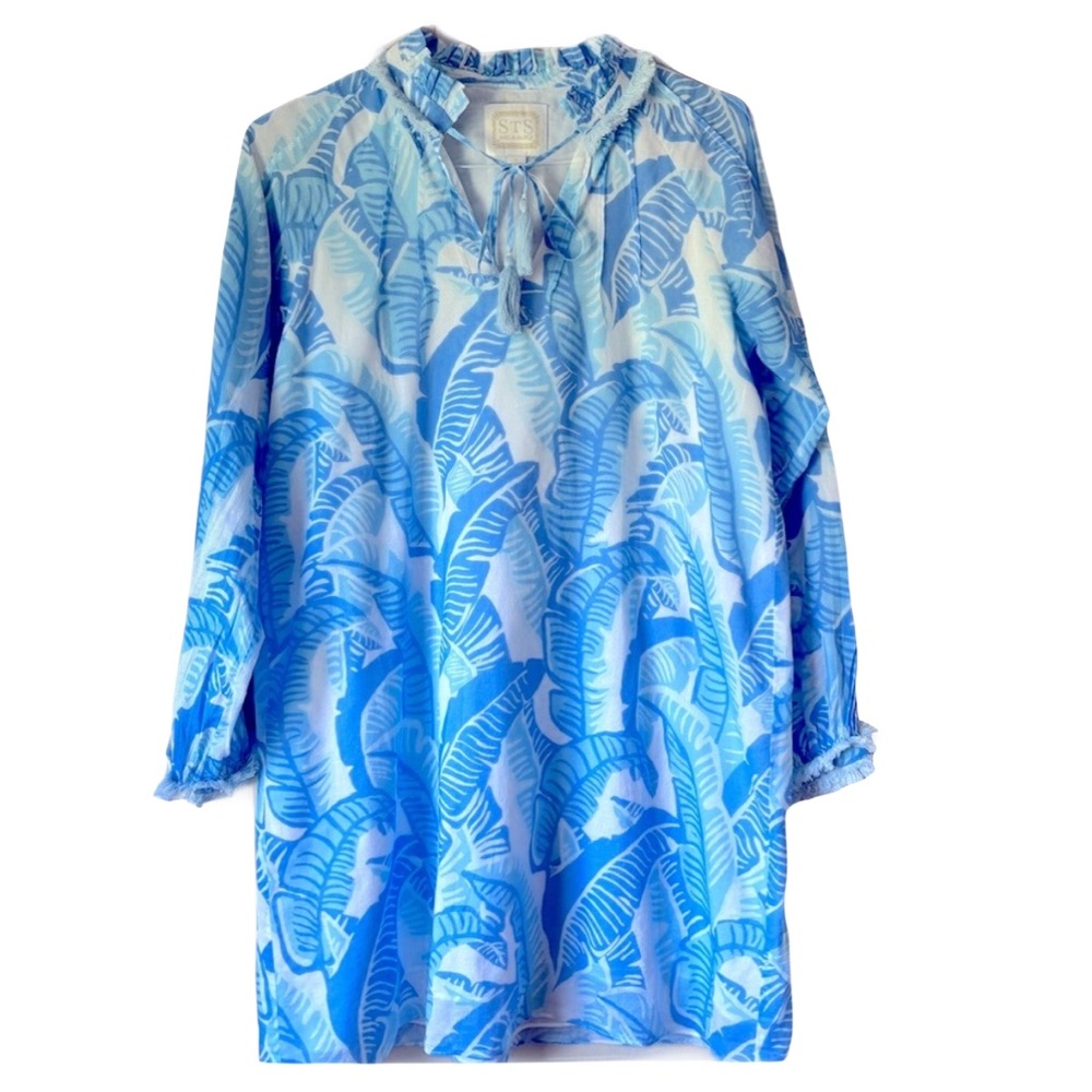 Sail to Sable Blue and White Palm Print Tunic Dress